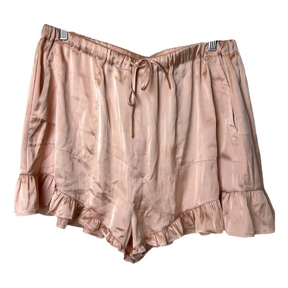 Revolve Majorelle Bexley Satin Ruffle Hem Drawstring Shorts in Blush Pink - Picture 2 of 6